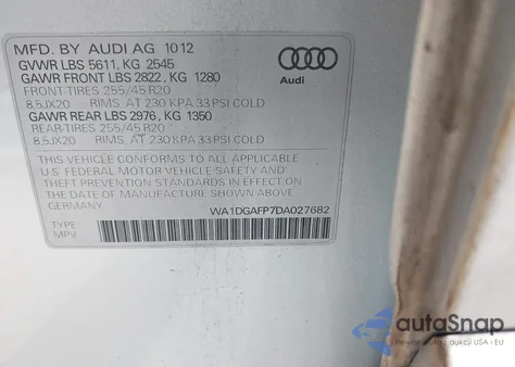 2013 Audi Q5 3.0T Premium Plus z USA, uszkodzony, nr VIN WA1DGAFP7DA027682
